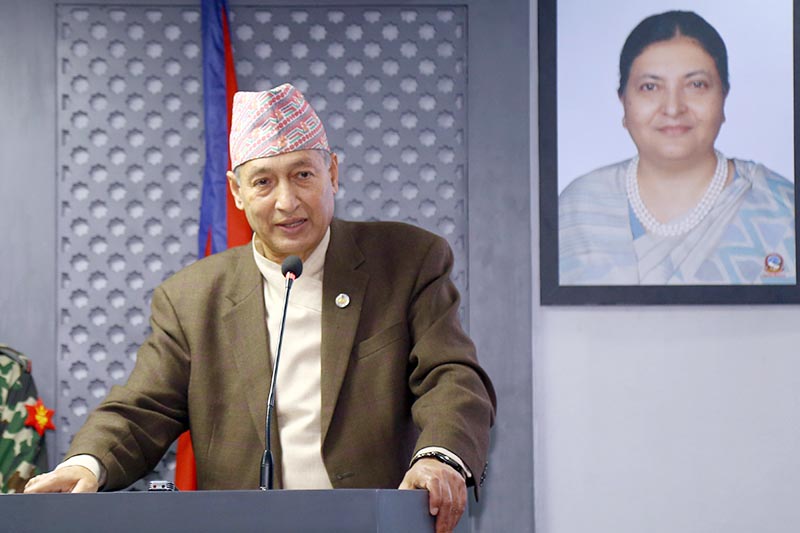 Finance Minister Yubaraj Khatiwada addressing a press conference to disclose the decisions taken by the Cabinet, organised at the Ministry of Communication and Information Technology, in Singha Durbar, Kathmandu, on Thursday, February 27, 2020. Photo: RSS
