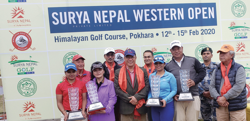 Winning team members of the Surya Nepal Western Open Pro-Am pose for a group photo with officials at the Himalayan Golf Course in Pokhara on Saturday. Photo courtesy: NPGA