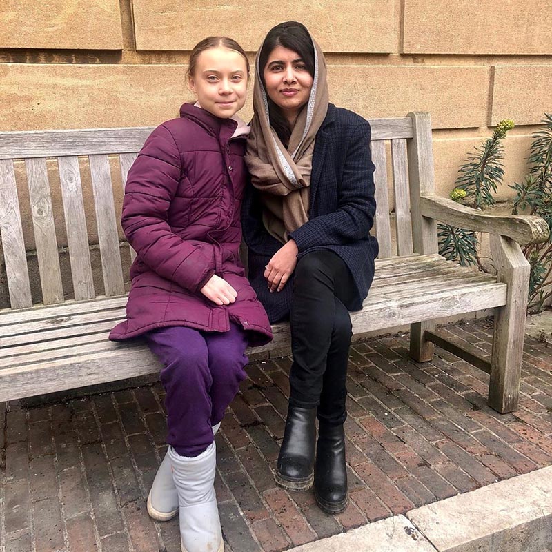 Swedish environmental activist Greta Thunberg meets Nobel Peace Prize winner Malala Yousafzai at University of Oxford in Oxford, Britain, February 25, 2020 in this picture obtained from social media. Photo: Reuters