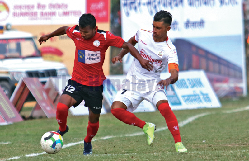 Action in the match between NPC and APF (right) during the Nepal Ice Sudurpashchim Khaptad Gold Cup in Dhangadhi, on Thursday. Photos: THT