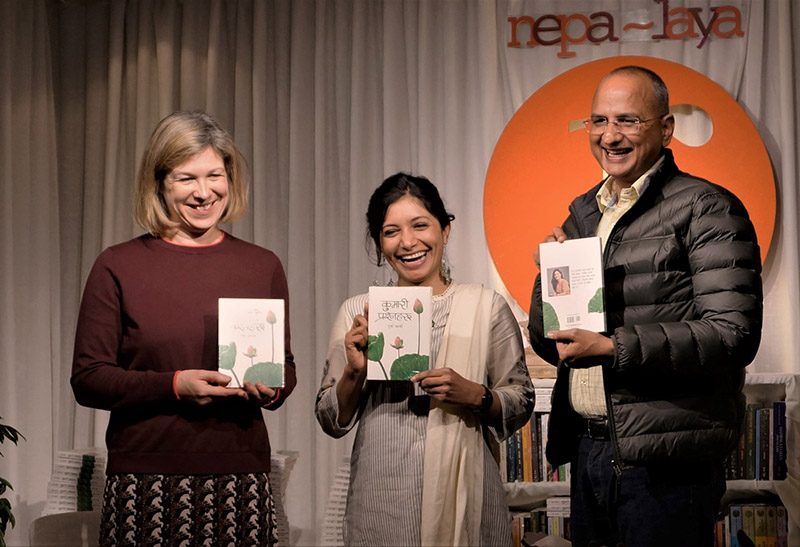 'Kumari Prashnaharu' being launched by Ambassador of Britain to Nepal Nicola Pollitt (left), Journalist Ameet Dhakal (right), and author of the book Durga Karki (centre) at Nepalaya's 'r' shala, in Kalikasthan, Kathmandu, on Friday, February 21, 2020. Photo Courtesy: Nepalaya