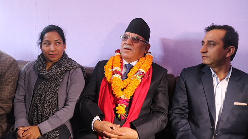 Nepal Communist Party (NCP) co-chair Pushpa Kamal Dahal responding to mediapersons in a press meet organised by Press Association, Chitwan at Bharatpur Airport, on Friday, February 28, 2020. Photo: Tilak Rimal/ THT