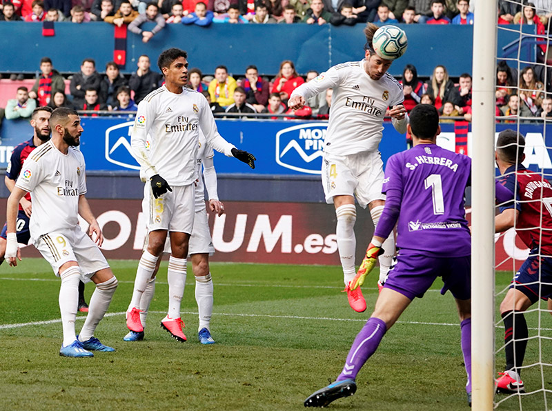 Real Madrid's Sergio Ramos scores their second goal during the La Liga Santander match between Osasuna and Real Madrid, at  El Sadar Stadium, in Pamplona, Spain, on February 9, 2020. Photo: Reuters