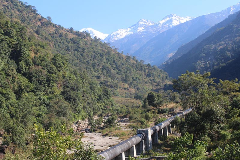 A view of penstock pipe for the under-construction 25 MW Upper Dordi ‘A’ Hydroelectric Project, in Lamjung on Tuesday, February 18, 2020. Photo: Ramji Rana/THT