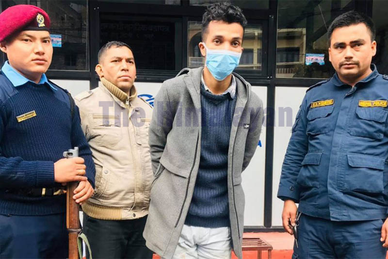 Police making public a suspect held with a cache of drugs, at District Police Office, Tanahun, on Sunday, February 09, 2020. Photo: Madan Wagle/THT