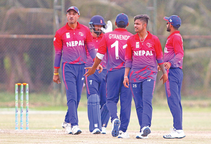 Nepal players celebrate after taking a wicket against Thailand during their ACC Eastern Region T20 match at the Terdthai Cricket Ground in Bangkok on Wednesday. Photo courtesy: CricketingNepal