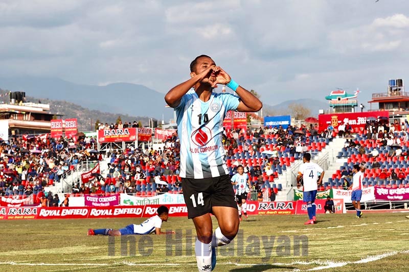 Anjan Bista of NOC Manang Marshyangdi Club celebrates after scoring a goal against Jhapa-XI Football Club during their 18th Aaha-Rara Gold Cup match in Pokhara on Sunday, March 8, 2020. Photo courtesy: Sudarshan Ranjit