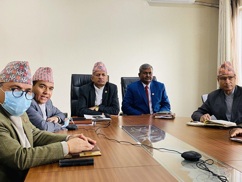 Foreign Minister Pradeep Kumar Gyawali and Minister for Labour, Employment and Social Security Rameshwor Yadav, among other officials, during the video conference with Nepali ambassadors in the Gulf and African region. Photo Courtesy: Ministry of Foreign Affairs/Twitter