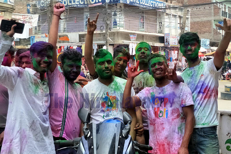 Youths pose for a portrait after celebrating Holi, the festival of colours, in Birgunj, on Wednesday, March 11, 2020. Photo: Ram Sarraf/THT