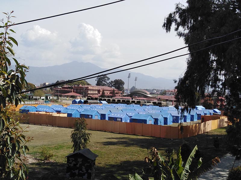 A view of the tents set up by the Nepali Army to quarantine coronavirus suspects at the Nepali Army headquarters in Bhadrakali, Kathmandu, on Monday, March 16, 2020. Photo: Sandeep Sen/ THT Online
