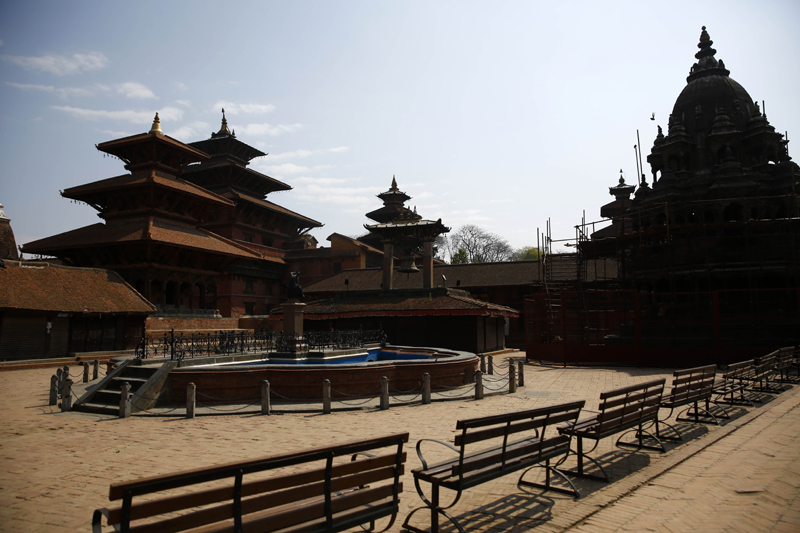 A deserted view at Patan Durbar Square on the second day of the week long nationwide lockdown in an effort to control the spread of COVID-19 in Lalitpur, on Wednesday, March 25, 2020. Photo: Skanda Gautam/THT
