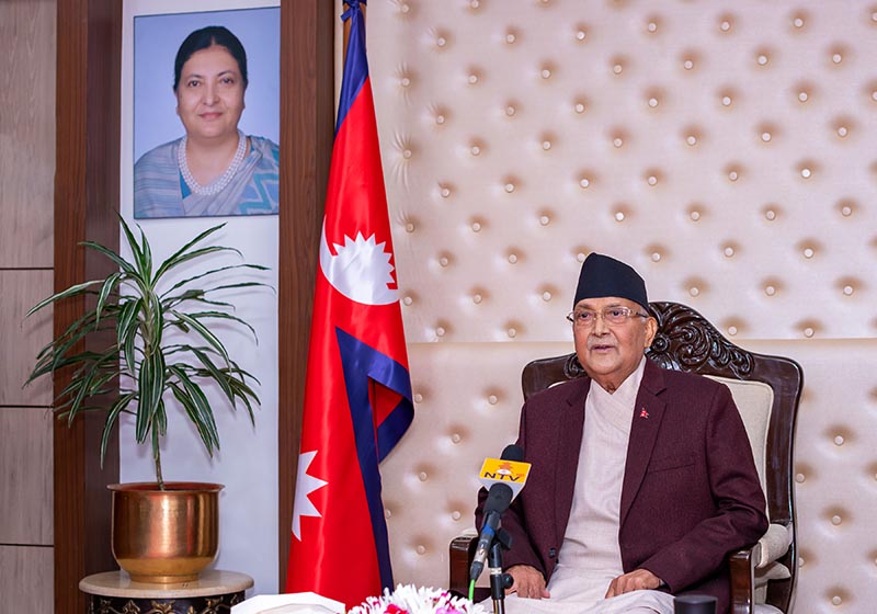 Prime Minister KP Sharma Oli addressing the nation, on Friday, March 22, 2020. Photo: RSS