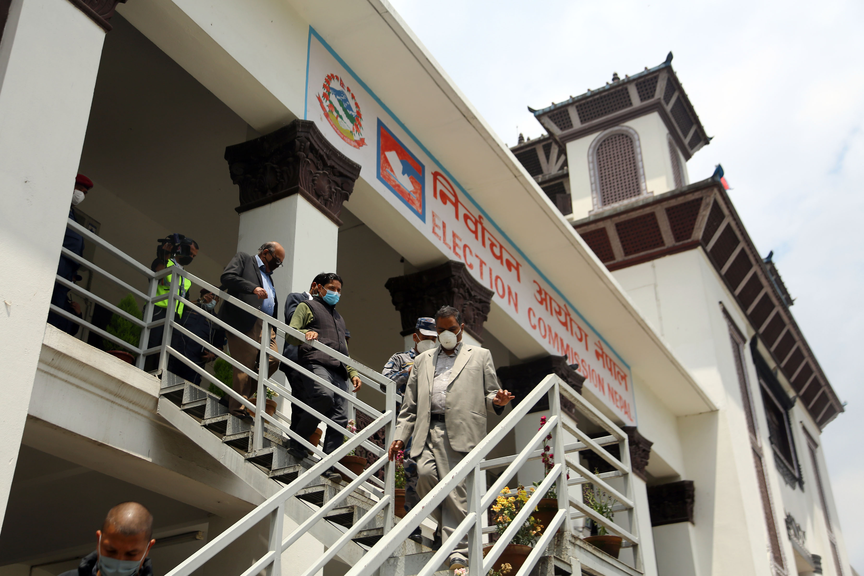 Leader Upendra Yadav among other leaders returning after submitting an application for registering new Janata Samajwadi Party-Nepal, at Election Commission, Nepal, in Kathmandu, on Thursday, April 23, 2020. Photo: RSS