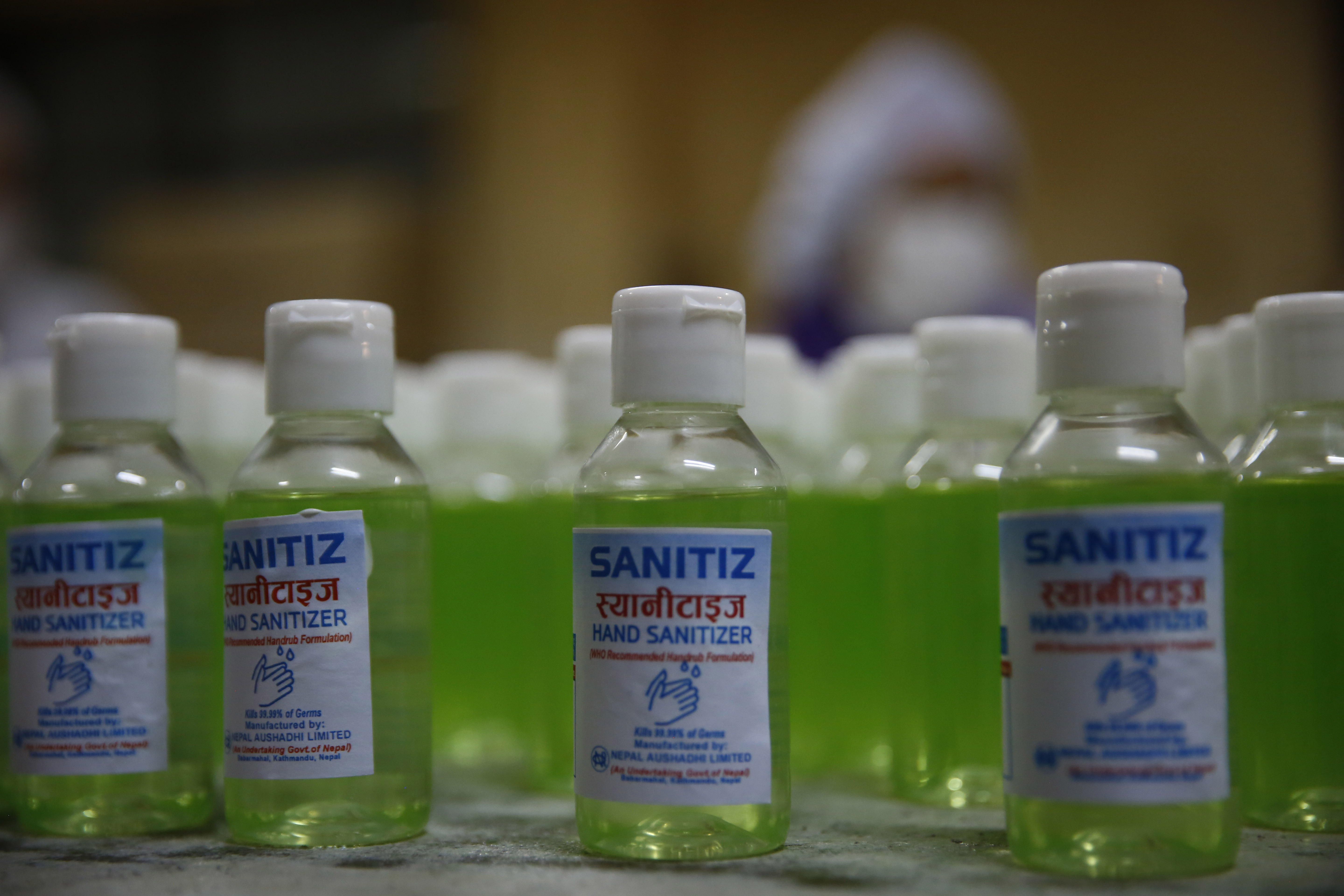 Pictured here are hand sanitisers ready to be sold in the market amid concerns over the spread of COVID-19 pandemic, on the fifteenth day of nationwide lockdown, at Aushadhi Limited, in Kathmandu, on Tuesday, April 07, 2020. Photo: Skanda Gautam/THT