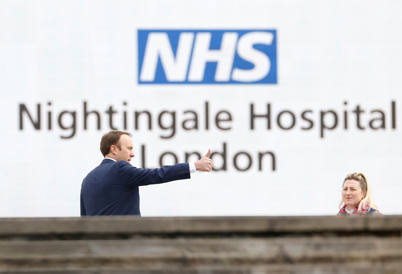 Britain's Secretary of State for Health Matt Hancock after the opening of the NHS Nightingale Hospital as the spread of the coronavirus disease (COVID-19) continues, London, Britain, April 3, 2020. Photo: Reuters