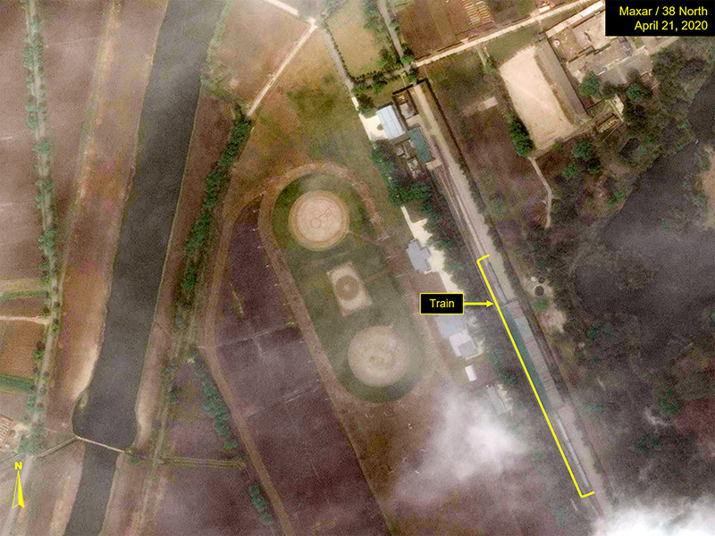 What is described by Washington-based North Korea monitoring project 38 North as a special train possibly belonging to North Korean leader Kim Jong Un is seen in a satellite image with graphics  taken over Wonsan, North Korea April 21, 2020. Image taken April 21, 2020. Photo; Satellite image u00a92020 Maxar Technologies-38 North/Handout via Reuters