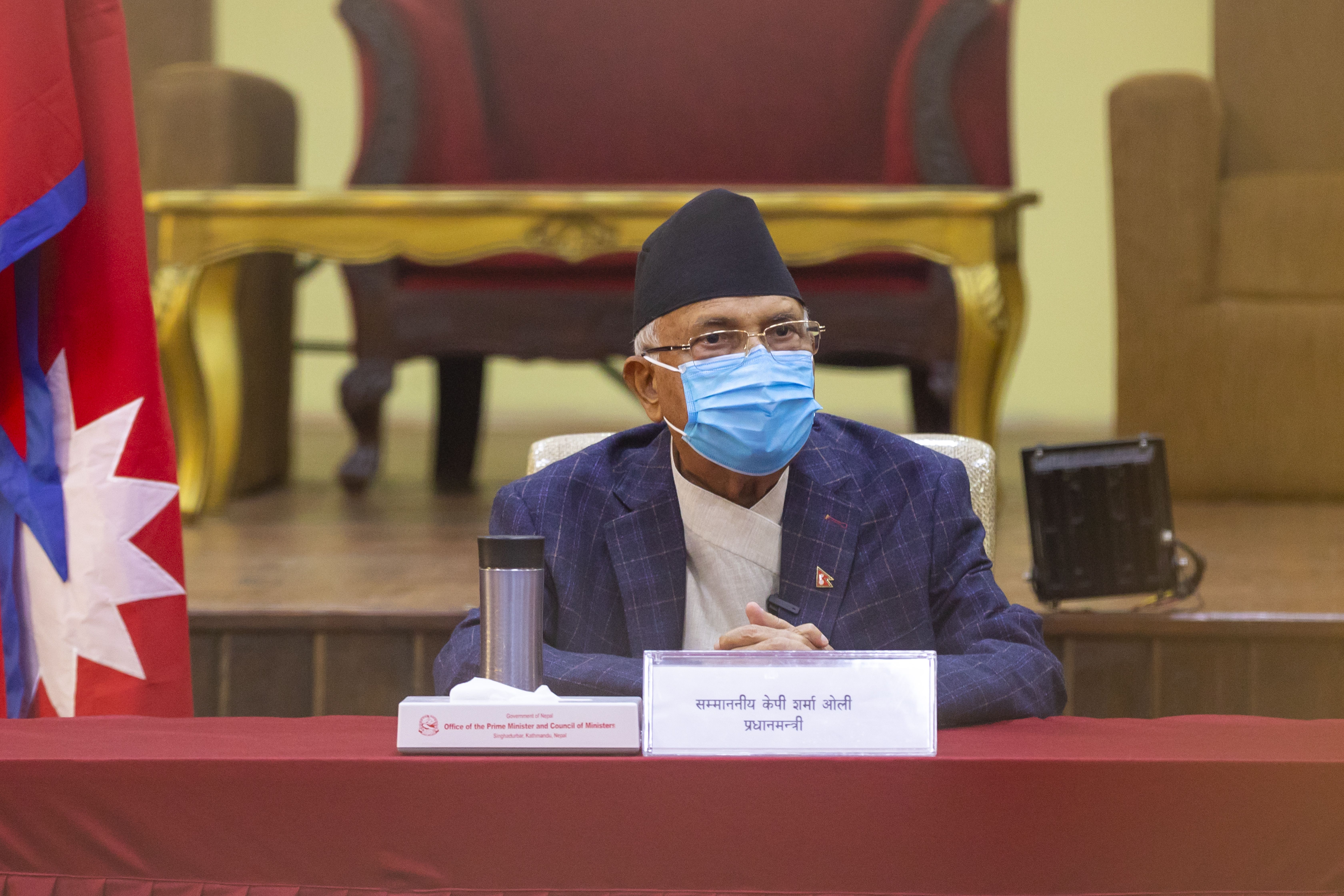 Prime Minister KP Sharma Oli addressing cabinet meeting, in Baluwatar, Kathmandu, on Monday, April 6, 2020. Photo courtesy: PM's Secretariat