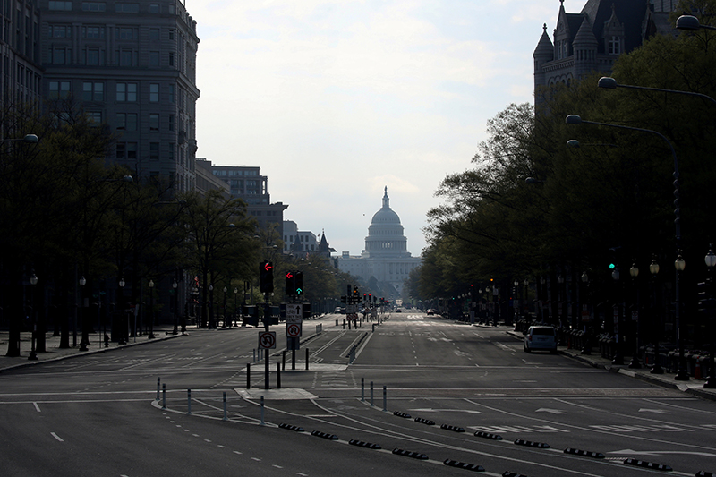 FILE - The downtown district of Washington, looking east to the US Capitol, remains largely empty to try to limit the spread of COVID-19 during the coronavirus disease pandemic in Washington, US, on April 7, 2020.  Photo: Reuters