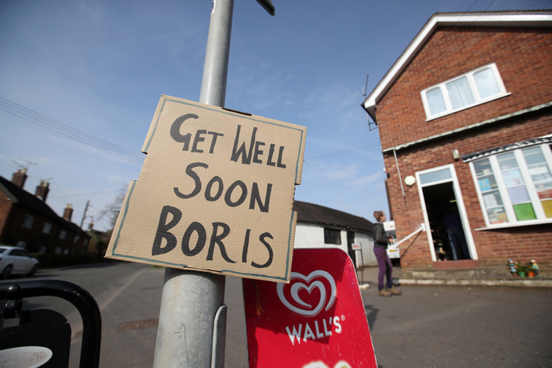 A sign of support for British Prime Minister Boris Johnson, who has been in hospital since Monday  as the spread of the coronavirus disease (COVID-19) continues, in Swynnerton, Britain, April 9, 2020. Photo: Reuters