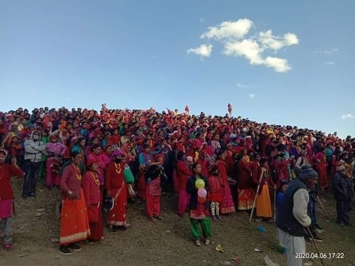 Locals observing Banni Ki Chaitali festival in Kandel of Chhabis Pathibhera Rural Municipality-3 of Bajhang district, on Monday, April 6, 2020. Photo: Tekendra Deuba/THT