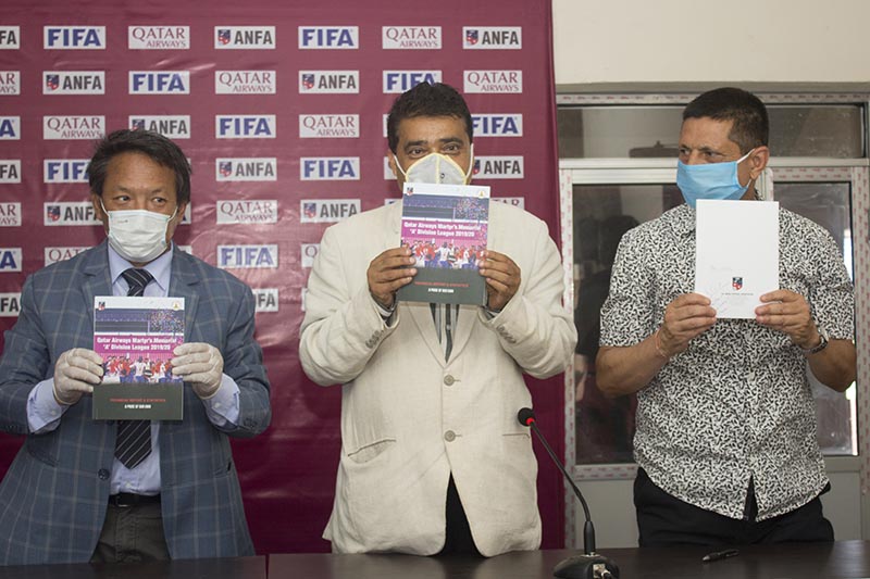 (From left) ANFA President Karma Tsering Sherpa, NSC Member Secretary Ramesh KumarSilwal and league coordinator Bigyan Raj Sharma jointly launching the technical report bookof the Qatar Airways Martyrs Memorial A Division League in Kathmandu on Friday, May 22, 2020. Photo courtesy: ANFA