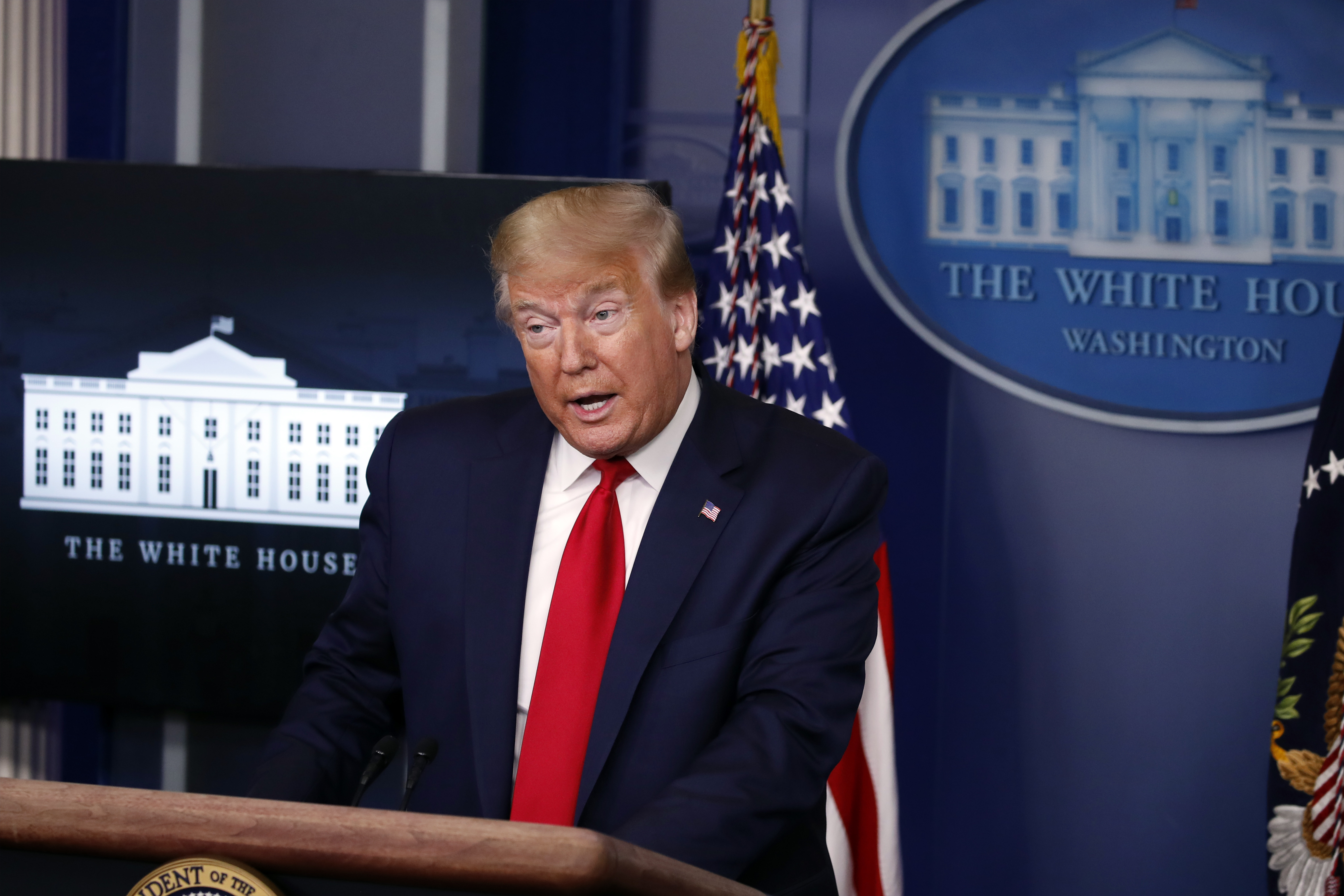 President Donald Trump speaks with reporters about the coronavirus in the James Brady Briefing Room of the White House, Friday, May 22, 2020, in Washington. (AP Photo/Alex Brandon)