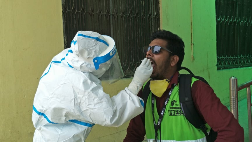 Swab samples of journalists being collected for COVID-19 testing at the Birgunj-based Narayani Hospital, on Wednesday, May 13, 2020. Photo: Ram Sarraf/THT