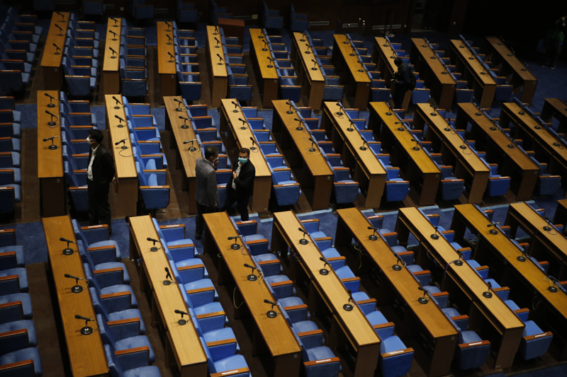 Lawmakers inspect the House of Representatives, a day before the new session of the federal parliament, on the 45th day of government-imposed lockdown, amid concerns over the spread of coronavirus disease, in Kathmandu, on Thursday, May 07, 2020. Photo: Skanda Gautam/THT