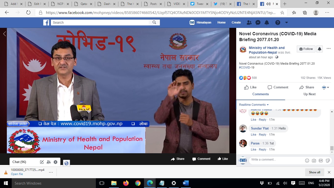 A screenshot of media briefing on COVID-19 by the Ministry of Health and Population (MoHP), on Saturday, May 2, 2020.n