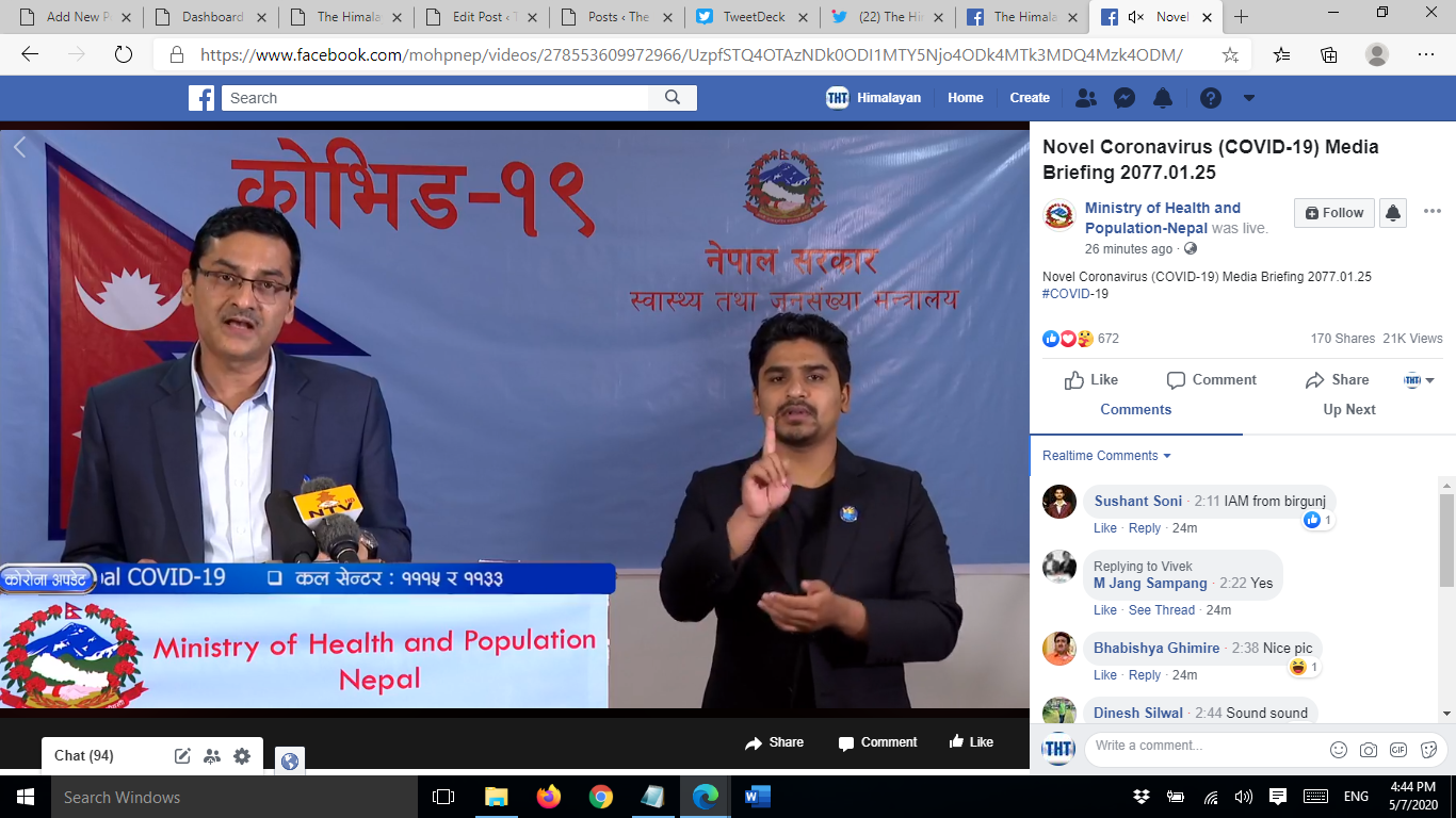 A screenshot of media briefing on COVID-19 by the Ministry of Health and Population (MoHP), on Thursday, May 7, 2020.