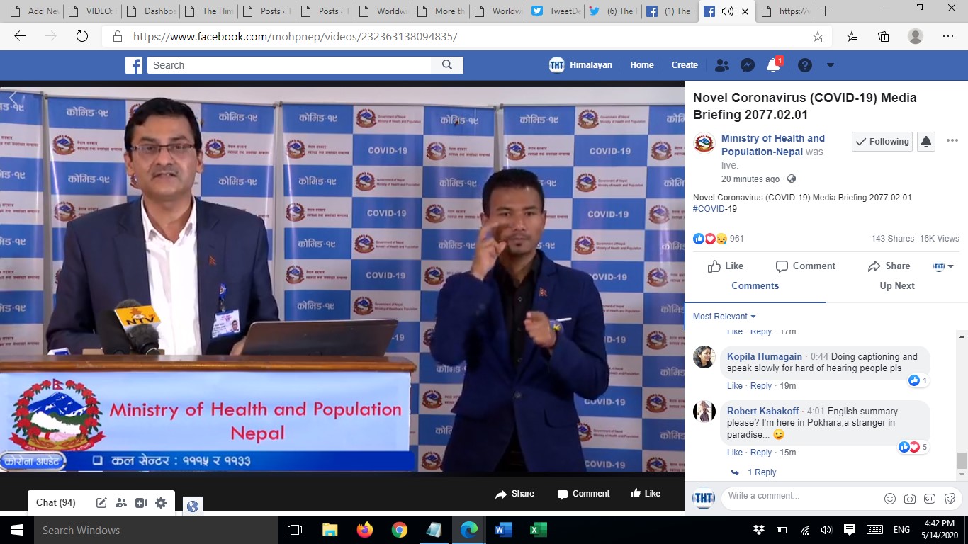 A screenshot of media briefing on COVID-19 response by the Ministry of Health and Population (MoHP), on Thursday, May 14, 2020. 