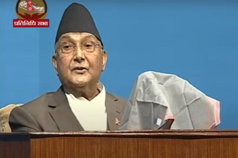 Prime Minister KP Sharma Oli responds to the members of the House of Representatives in the discussions over the governmentu2019s policies and programmes for the upcoming fiscal year 2020/2021, in the HoR meeting, in Kathmandu, on Tuesday, May 19, 2020. Photo: screenshots of Youtube live broadcast
