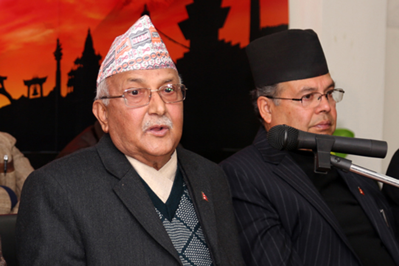 Nepal Communist Party (NCP) senior leaders Jhalanath Khanal (left) with Chairman KP Sharma Oli at a press meet, in Kathmandu, on Thursday, January 5, 2017. Photo: RSS