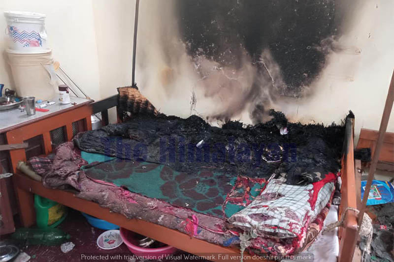 A damaged bed sheet and other items are seen after cylinder explosion at a house in Abukhaireni Rural Municipality-1, on Sunday, May 03, 2020. Photo: Madan Wagle/THT