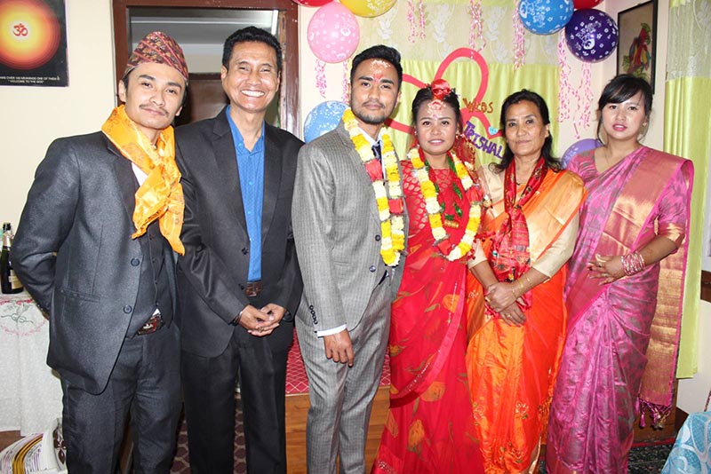 Vivek Lama and Trishala Pradhan with family after their wedding. Photo courtesy: Vivek Lama
