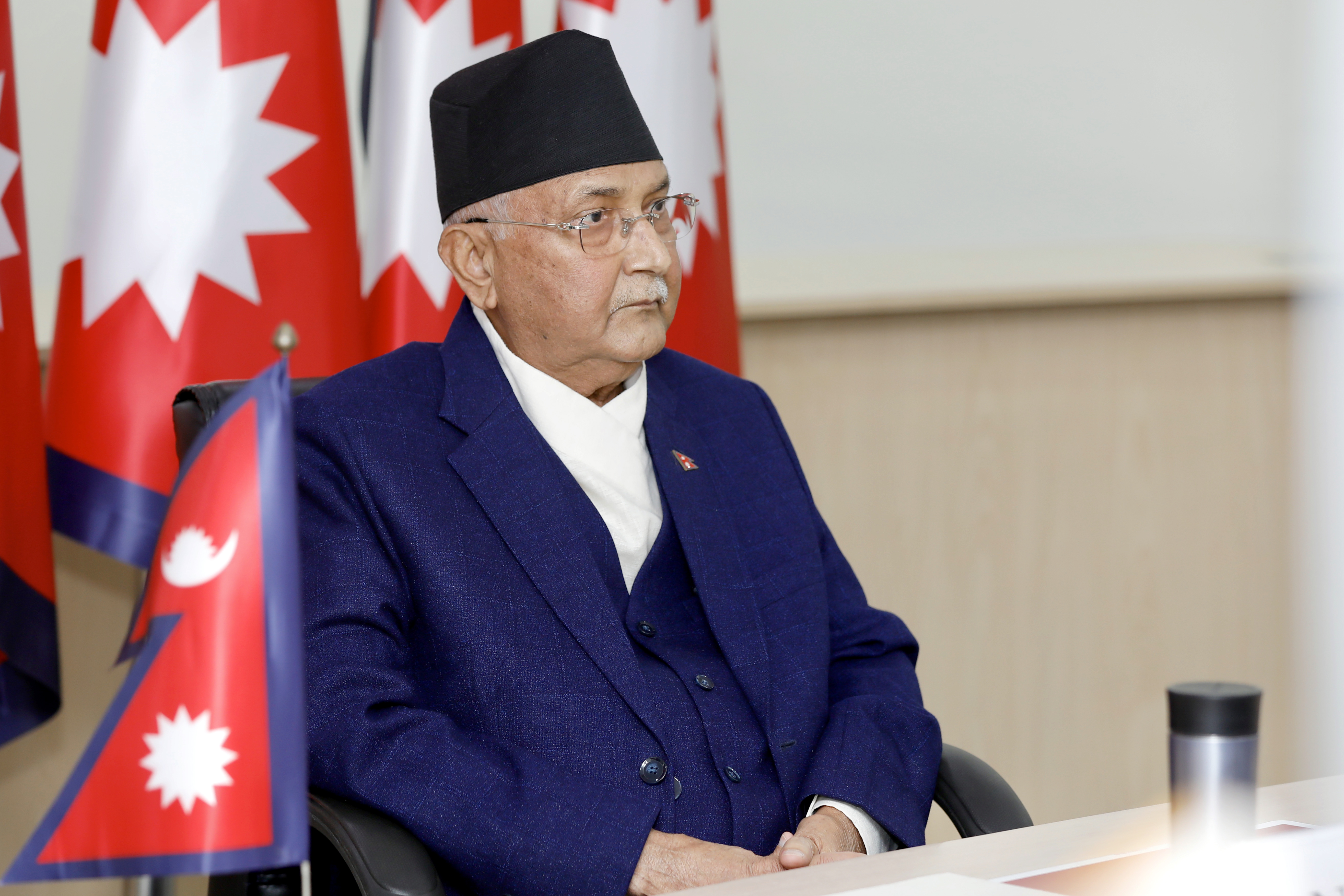 Prime Minister KP Sharma Oli during the NAM Virtual Summit on COVID-19, in Kathmandu, on Monday, May 4, 2020. Photo Courtesy: Rajan Kafle