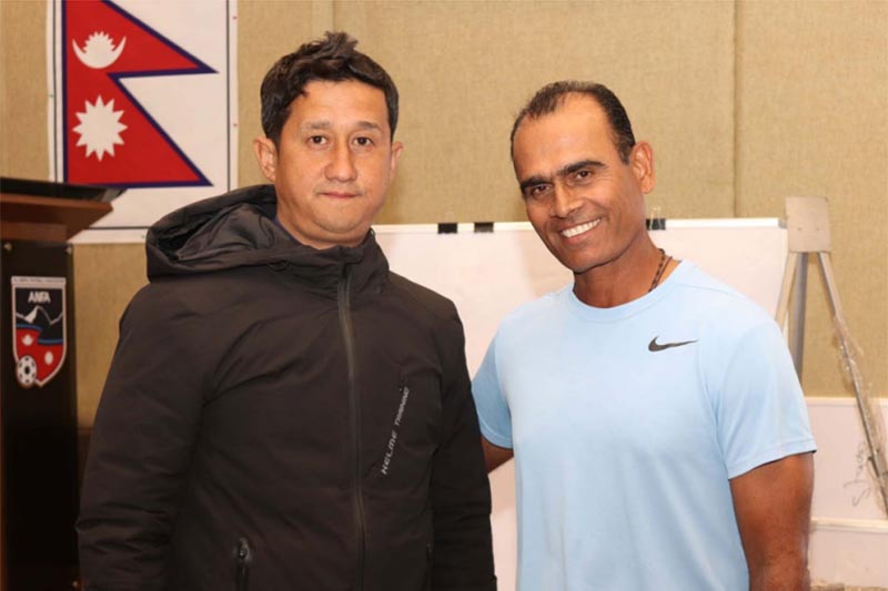 File - This undated image shows Nepal Police Club coach Ananta Raj Thapa (left) with AFC instructor Savio Piedade Medeira during the AFC u2018Au2019 License Course in Lalitpur. Photo: THT