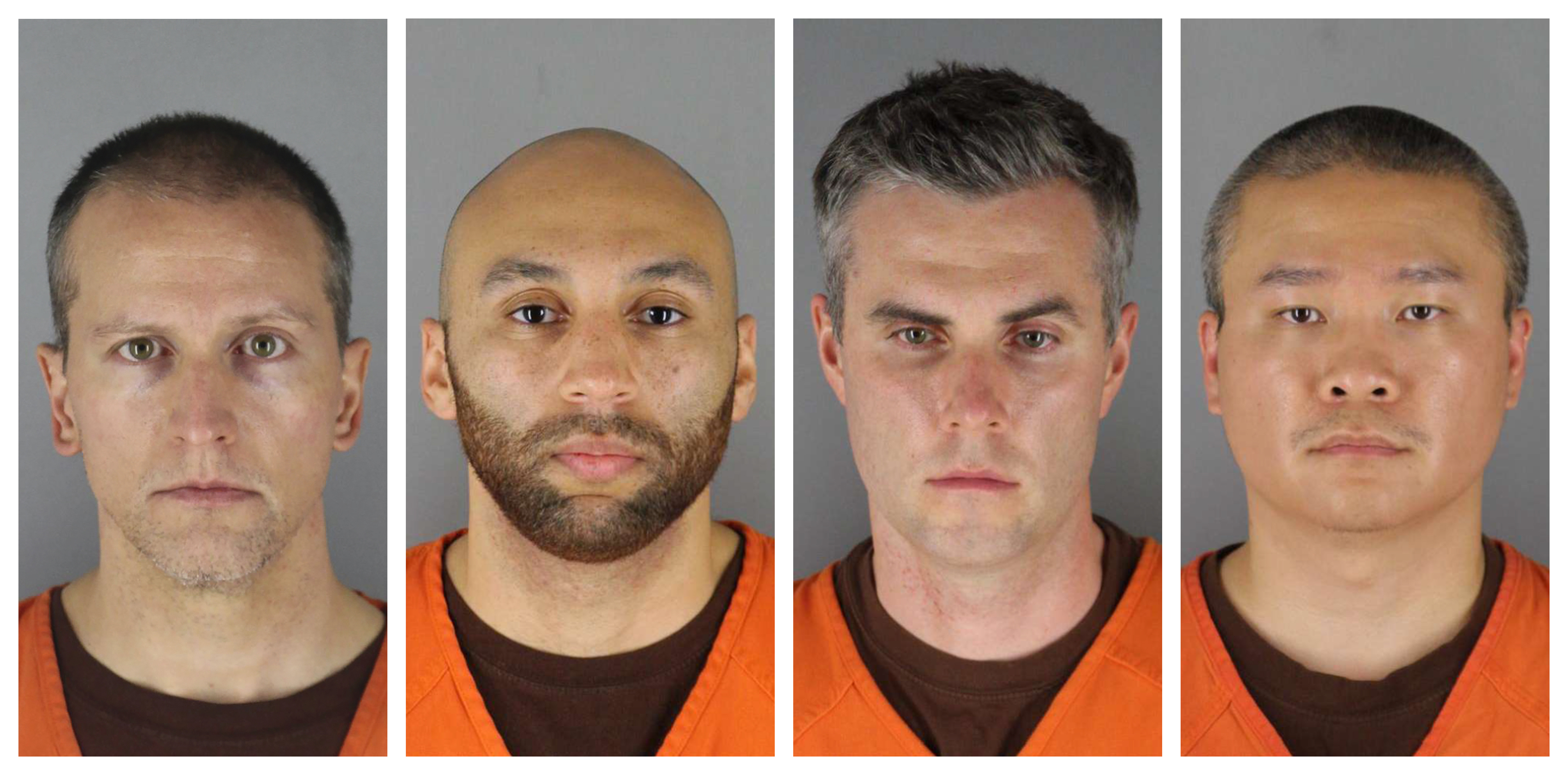 This combination of photos provided by the Hennepin County Sheriff's Office in Minnesota on Wednesday, June 3, 2020, shows Derek Chauvin, from left, J. Alexander Kueng, Thomas Lane and Tou Thao. Chauvin is charged with second-degree murder of George Floyd, a black man who died after being restrained by him and the other Minneapolis police officers on May 25. Kueng, Lane and Thao have been charged with aiding and abetting Chauvin. (Hennepin County Sheriff's Office via AP)
