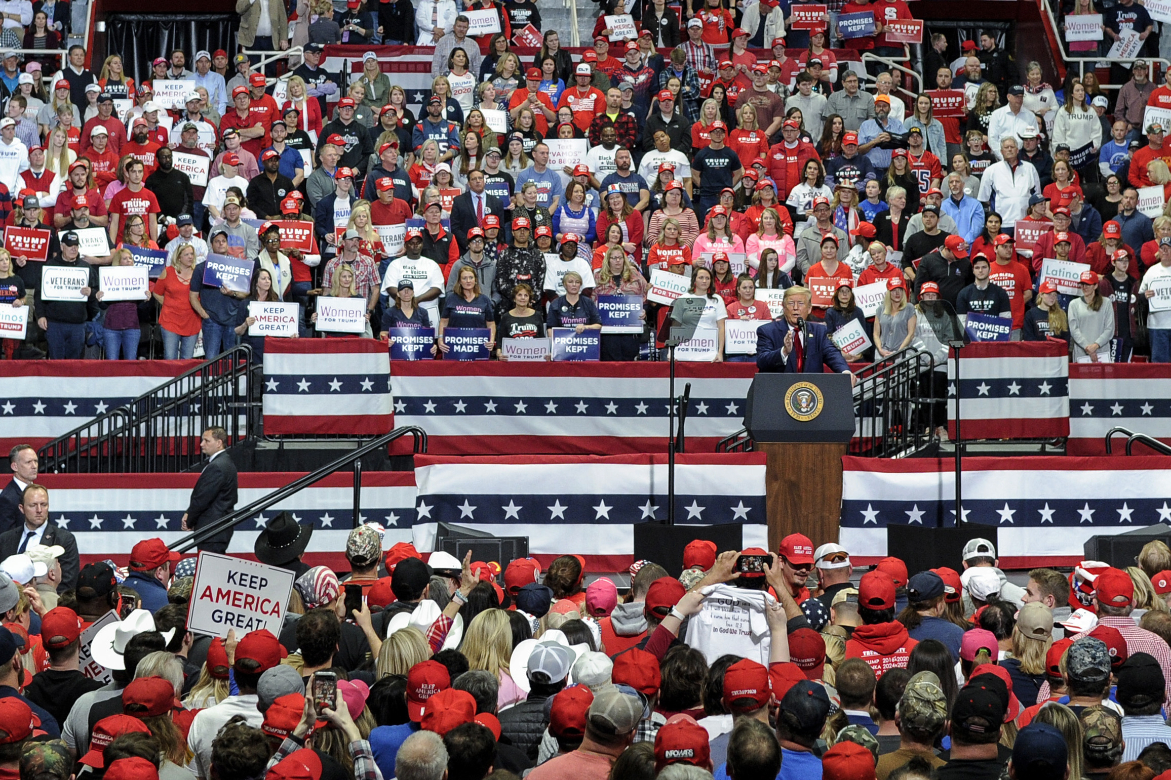 FILE - In this March 2, 2020 file photo, President Donald Trump speaks during a campaign rally in Charlotte, N.C. Trumpu2019s re-election campaign is planning a large indoor rally next week raising concern among health experts about how it might spread the coronavirus. Oklahoma health authorities say anyone who attends a large public event should get tested for COVID-19 shortly after. Photo: AP