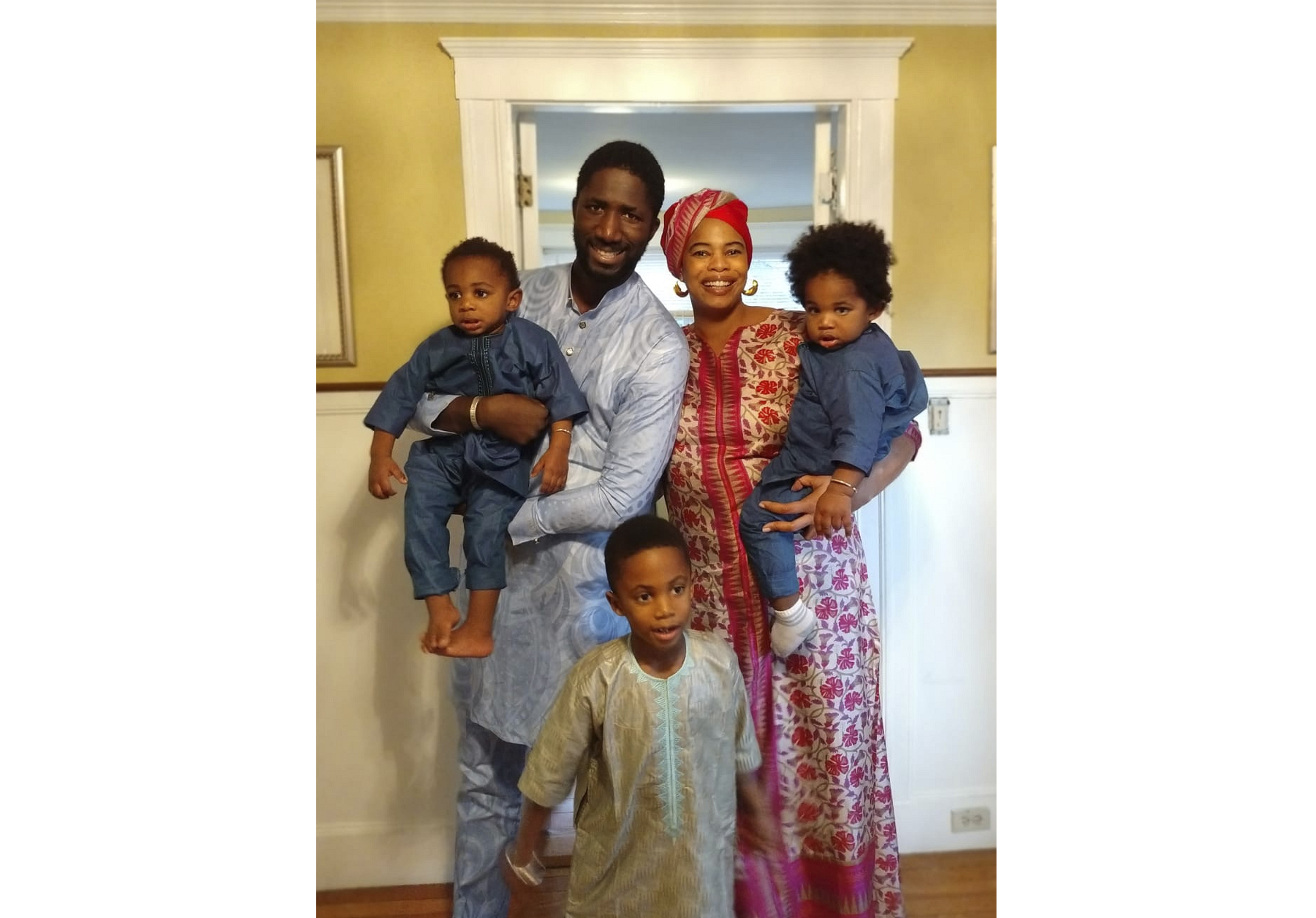 This 2019 photo shows Bouba Diemu00e9 with his wife, Du00e9siru00e9e Allen, their 5-year-old son, Buraq Abdou, center, and twin 1-year-olds, Sembu00e8ne Khalifa, held by Diemu00e9, and Sankara Koku00e0. Diemu00e9 said the familyu2019s isolation during lockdown due to the coronavirus pandemic has taught him to be more patient with his children. Photo: AP