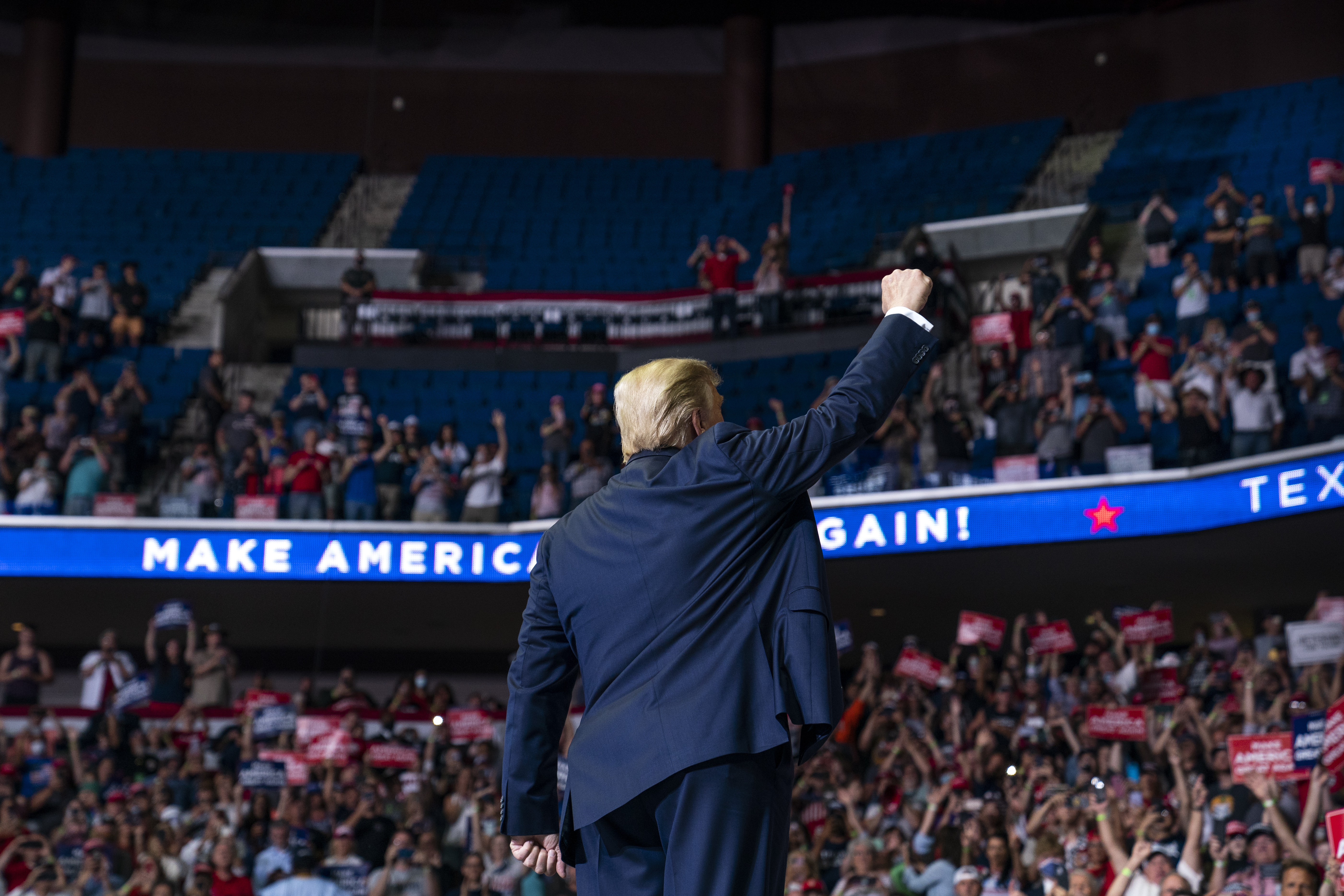 President Donald Trump arrives on stage to speak at a campaign rally at the BOK Center, Saturday, June 20, 2020, in Tulsa, Okla. Photo: AP