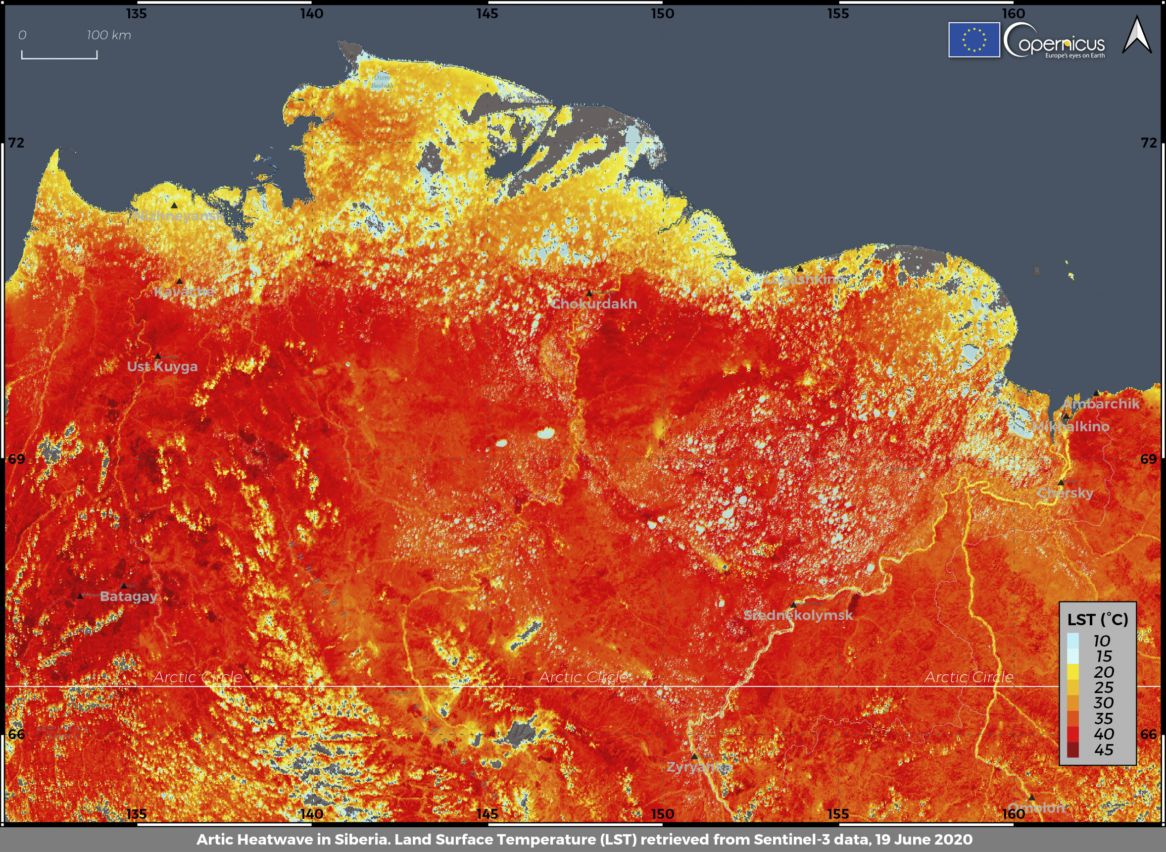 This photo taken on Friday, June 19, 2020 and provided by ECMWF Copernicus Climate Change Service shows the land surface temperature in the Siberia region of Russia. A record-breaking temperature of 38 degrees Celsius (100.4 degrees Fahrenheit) was registered in the Arctic town of Verkhoyansk on Saturday, June 20 in a prolonged heatwave that has alarmed scientists around the world. Photo: AP