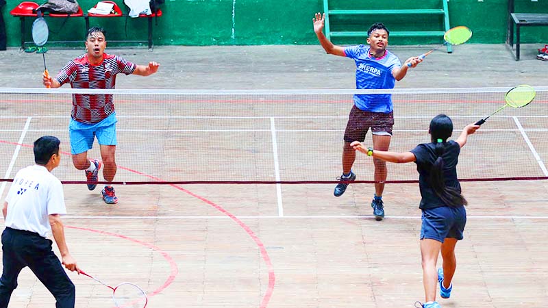 Prince Dahal (top right) warming up with teammates and South coach Choi Seoung Kook (left) during a training session at the NSC covered hall in Kathmandu on Tuesday, June 23, 2020. Photo: Udipt Singh Chhetry / THT