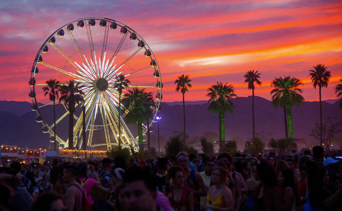FILE - In this April 21, 2018 file photo, the sun sets over the Coachella Music &amp; Arts Festival in Indio, Calif. The Coachella and Stagecoach music festivals have been canceled for 2020 due to coronavirus concerns. Riverside County's public health officer signed an order Wednesday, June 10, 2020, to cancel the popular festivals this year outside Palm Springs, Calif. Photo: AP