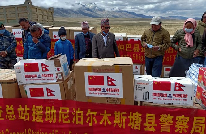 Health materials handed over to Mustang district by Tibetan Autonomous Region of China at Korola border in Mustang, on Monday. Photo: THT