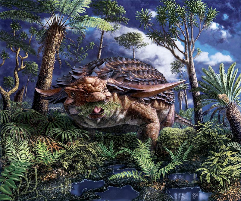 The Cretaceous Period armoured dinosaur Borealopelta markmitchelli, which lived 110 million years ago in what is now the Canadian province of Alberta, eats ferns in an illustration released on June 2, 2020.  Royal Tyrrell Museum of Palaeontology/Julius Csotonyi/Handout via Reuters
