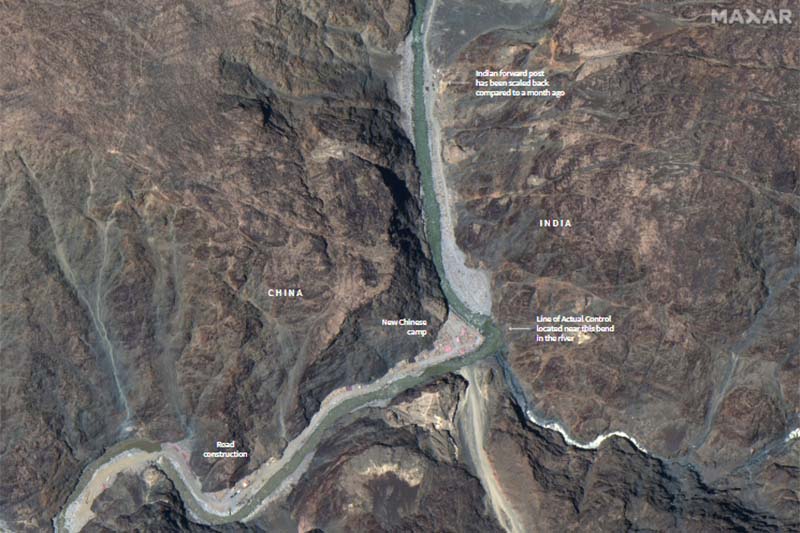 A Maxar WorldView-3 satellite image shows road construction near the Line of Actual Control (LAC) border in the eastern Ladakh sector of Galwan Valley, on June 22, 2020. Photo: Maxar Technologies via Reuters