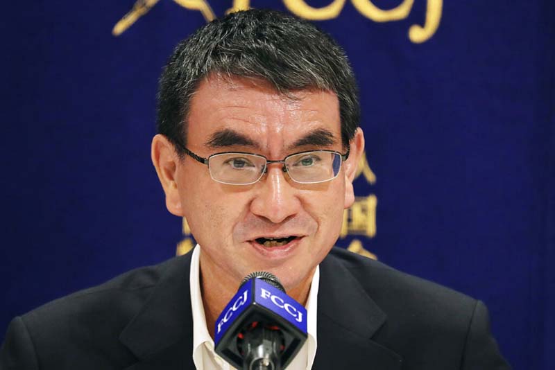 Japanese Defence Minister Taro Kono speaks during a press conference in Tokyo, on Thursday, June 25, 2020. Japan's National Security Council has endorsed plans to cancel the deployment of two costly land-based US missile defence systems aimed at bolstering the countryu2019s capability against threats from North Korea, Kono said Thursday.  Photo: AP