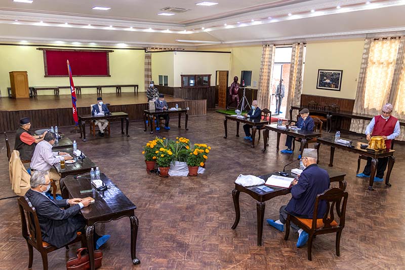 Secretariat meeting of the ruling Nepal Communist Party (NCP) underway at the Prime Minister's official residence in Baluwatar, Kathmandu, on Saturday, June 20, 2020. Photo Courtesy: Rajan Kafle/Prime Minister's Secretariat