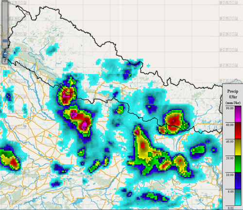 The image shows the rainfall ocurred in past three hours in the afternoon, June 28, 2020. Photo Courtesy: Nepal Flood Alerts/Twitter